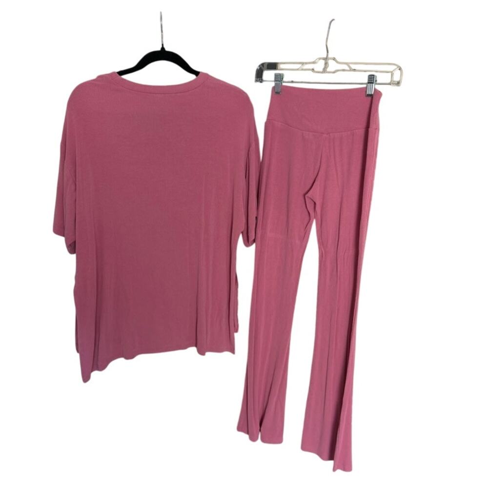 Foxy Kind Pink Ribbed Lounge Set Flare Leg Pants Oversized Shirt S - Picture 3 of 6